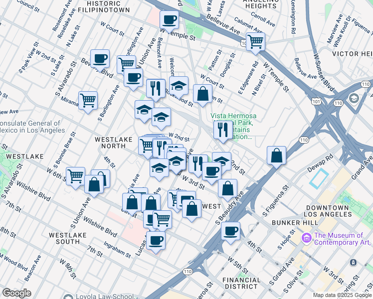 map of restaurants, bars, coffee shops, grocery stores, and more near 208 Witmer Street in Los Angeles