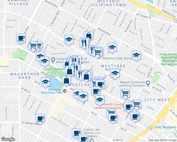 map of restaurants, bars, coffee shops, grocery stores, and more near 372 South Westlake Avenue in Los Angeles