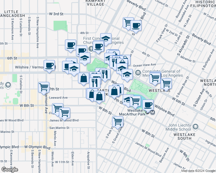 map of restaurants, bars, coffee shops, grocery stores, and more near in Los Angeles