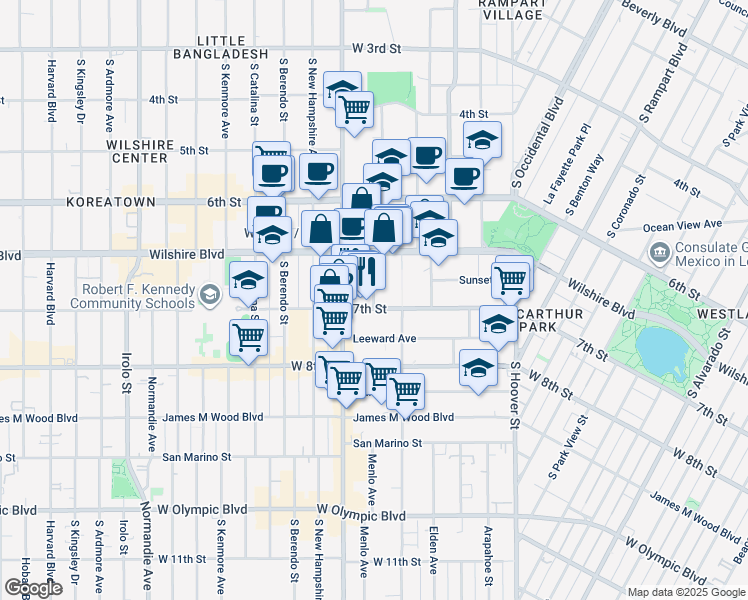 map of restaurants, bars, coffee shops, grocery stores, and more near 682 Shatto Place in Los Angeles