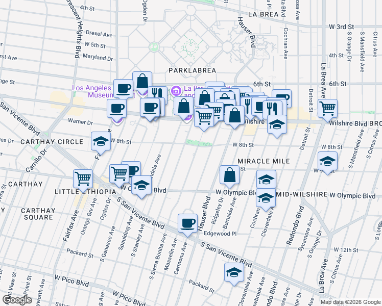 map of restaurants, bars, coffee shops, grocery stores, and more near 802 South Sierra Bonita Avenue in Los Angeles