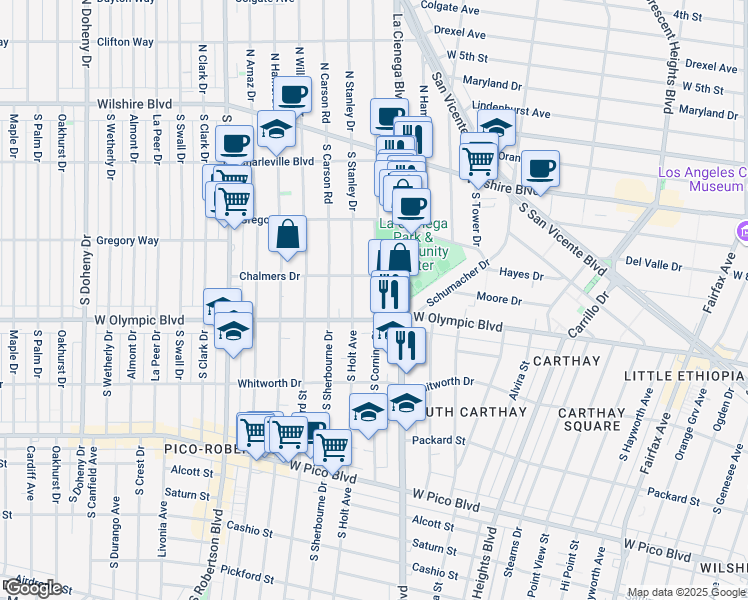 map of restaurants, bars, coffee shops, grocery stores, and more near 333 South La Cienega Boulevard in Beverly Hills