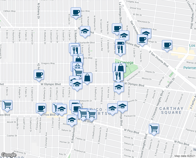 map of restaurants, bars, coffee shops, grocery stores, and more near 910 South Bedford Street in Los Angeles