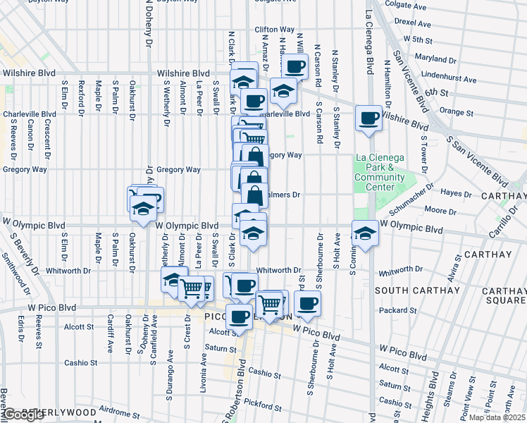 map of restaurants, bars, coffee shops, grocery stores, and more near 906 South Robertson Boulevard in Los Angeles