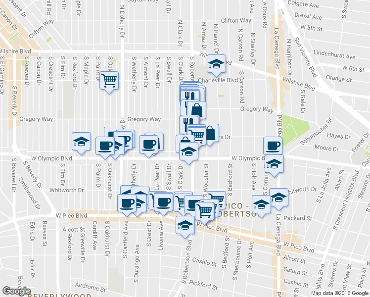 map of restaurants, bars, coffee shops, grocery stores, and more near 344 South Clark Drive in Beverly Hills