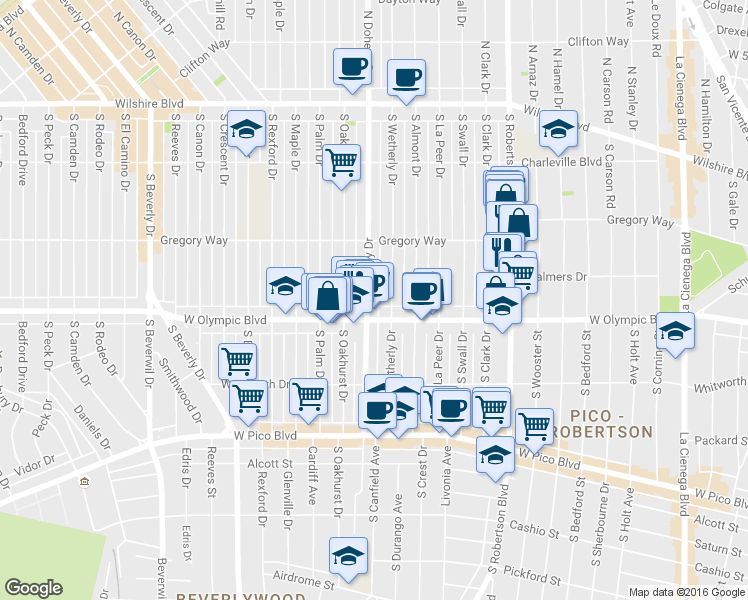 map of restaurants, bars, coffee shops, grocery stores, and more near 345 South Wetherly Drive in Beverly Hills
