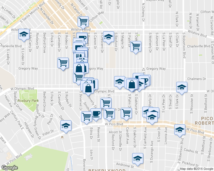 map of restaurants, bars, coffee shops, grocery stores, and more near 345 South Elm Drive in Beverly Hills