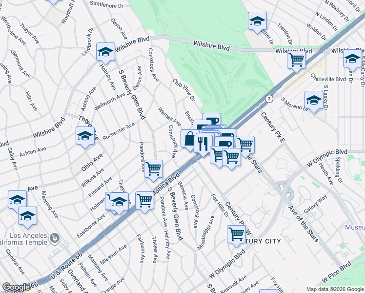 map of restaurants, bars, coffee shops, grocery stores, and more near 1724 Warnall Avenue in Los Angeles