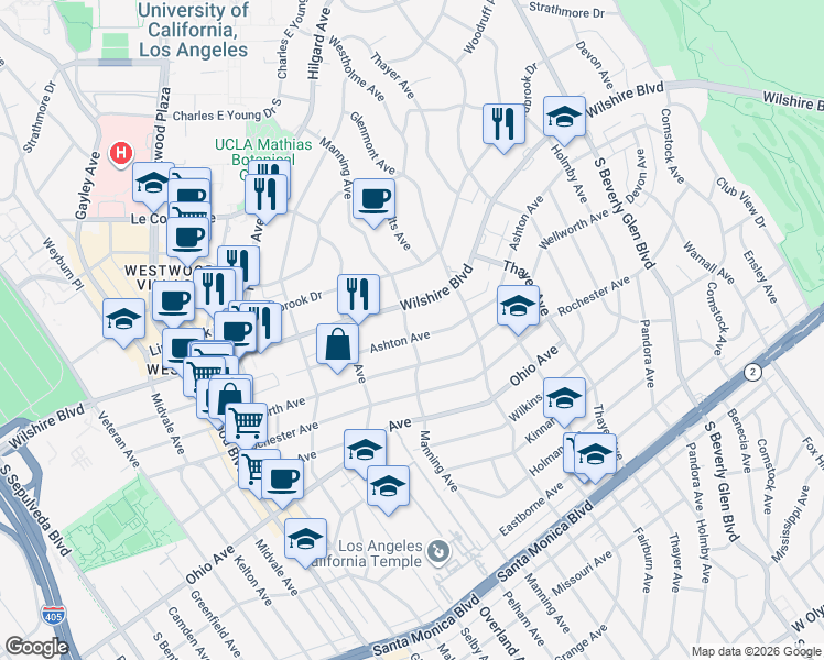 map of restaurants, bars, coffee shops, grocery stores, and more near 10660 Wilshire Boulevard in Los Angeles