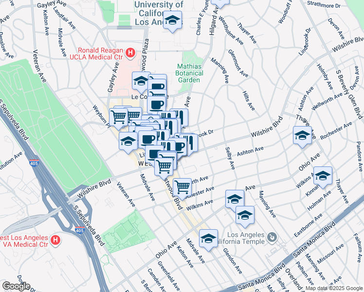 map of restaurants, bars, coffee shops, grocery stores, and more near 10830 Lindbrook Drive in Los Angeles