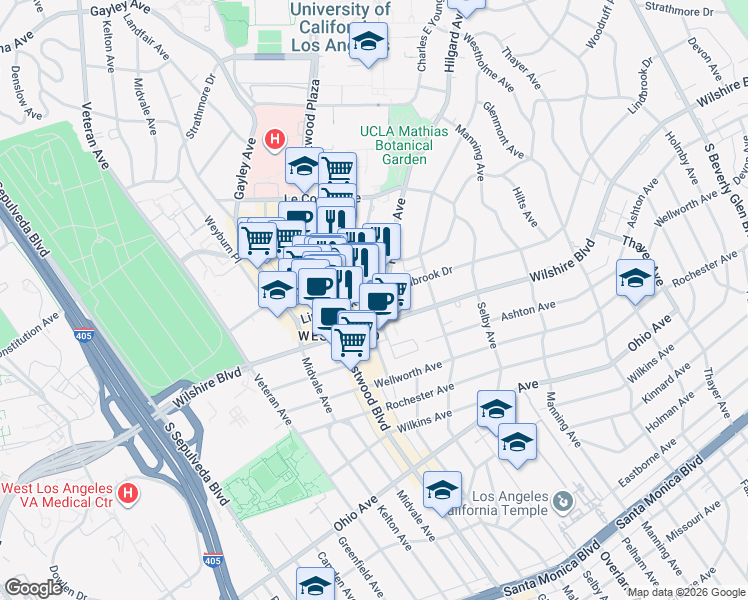 map of restaurants, bars, coffee shops, grocery stores, and more near 1052 Tiverton Avenue in Los Angeles