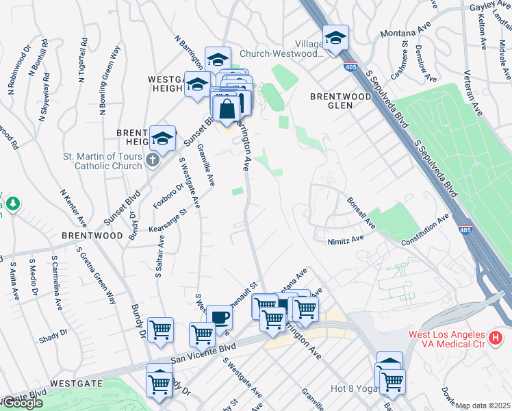 map of restaurants, bars, coffee shops, grocery stores, and more near 419 1/2 South Barrington Avenue in Los Angeles