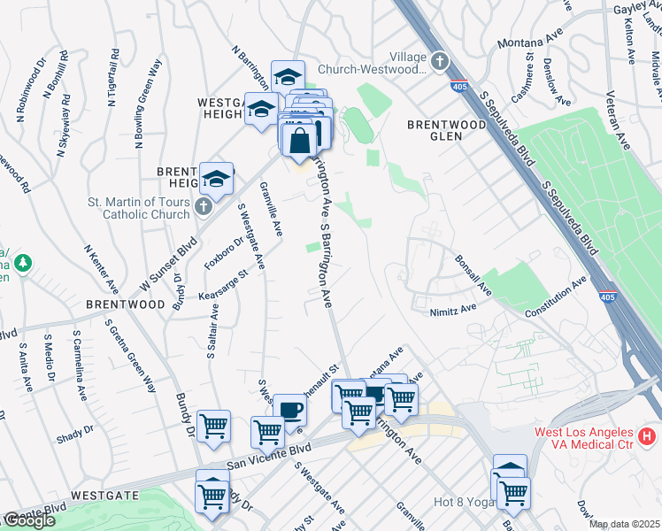 map of restaurants, bars, coffee shops, grocery stores, and more near 419 1/2 South Barrington Avenue in Los Angeles