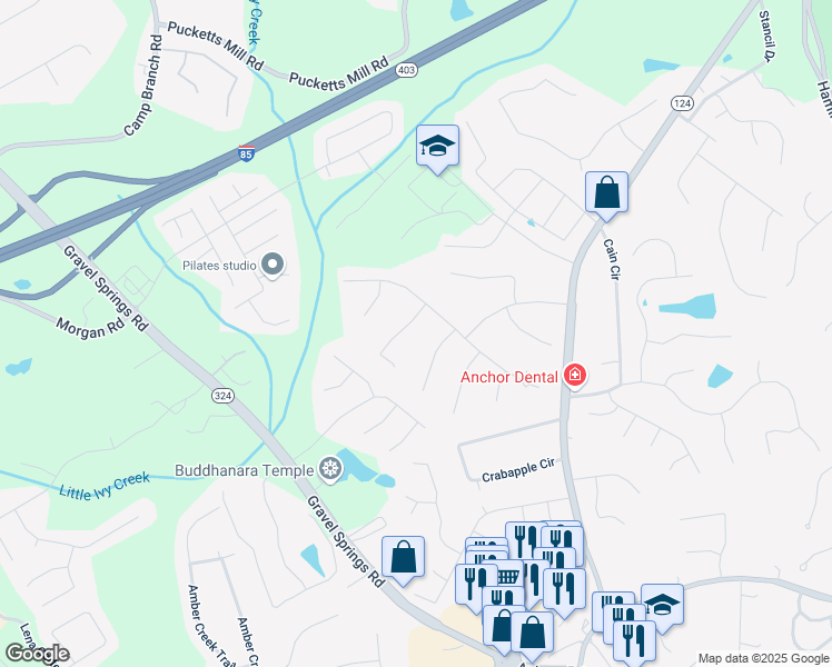 map of restaurants, bars, coffee shops, grocery stores, and more near 2843 Ashton Hill Drive in Dacula