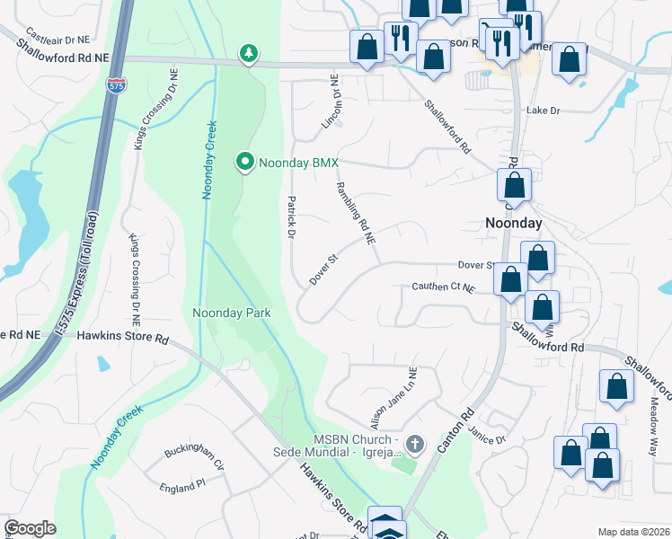 map of restaurants, bars, coffee shops, grocery stores, and more near 625 Dover Street in Marietta