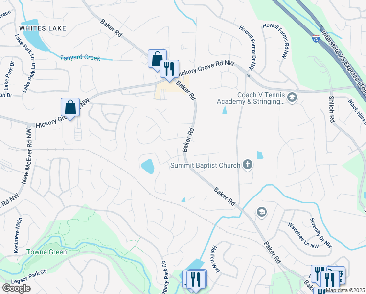 map of restaurants, bars, coffee shops, grocery stores, and more near 4554 Alaspair Lane in Acworth