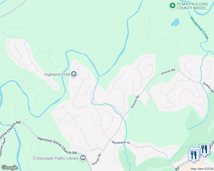 map of restaurants, bars, coffee shops, grocery stores, and more near 22 Silverdale Lane in Acworth