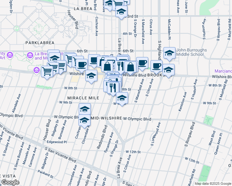 map of restaurants, bars, coffee shops, grocery stores, and more near 803 South Sycamore Avenue in Los Angeles