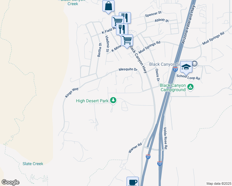 map of restaurants, bars, coffee shops, grocery stores, and more near 35230 April Drive in Black Canyon City