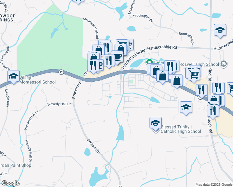 map of restaurants, bars, coffee shops, grocery stores, and more near 6103 Arbor Crest Court in Roswell