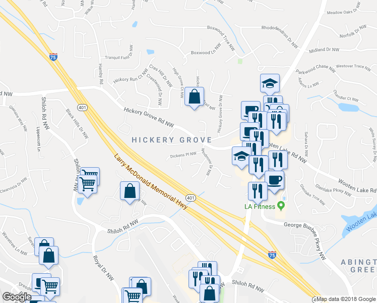 map of restaurants, bars, coffee shops, grocery stores, and more near 1510 Dickens Place Northwest in Kennesaw