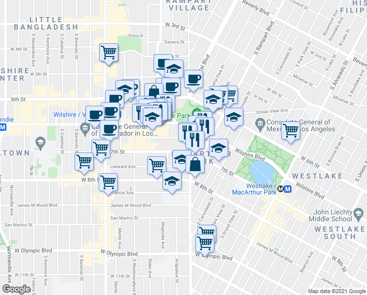 map of restaurants, bars, coffee shops, grocery stores, and more near 2815 West 7th Street in Los Angeles