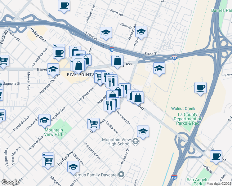 map of restaurants, bars, coffee shops, grocery stores, and more near 12236 Valley Boulevard in El Monte