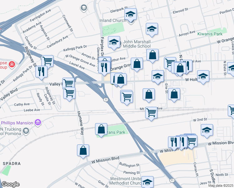 map of restaurants, bars, coffee shops, grocery stores, and more near 1976 West Holt Avenue in Pomona