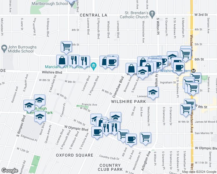 map of restaurants, bars, coffee shops, grocery stores, and more near 725 Lorraine Boulevard in Los Angeles