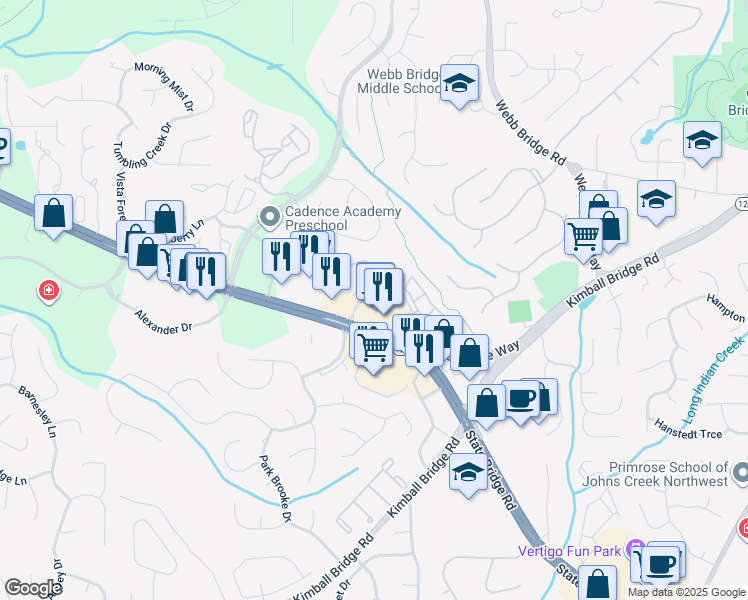 map of restaurants, bars, coffee shops, grocery stores, and more near 15000 Parkview Lane in Alpharetta