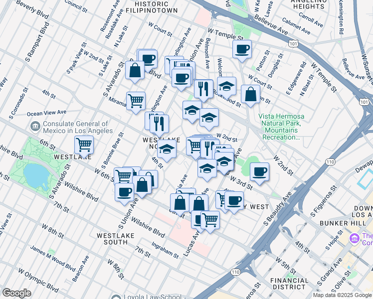 map of restaurants, bars, coffee shops, grocery stores, and more near 250 Loma Drive in Los Angeles