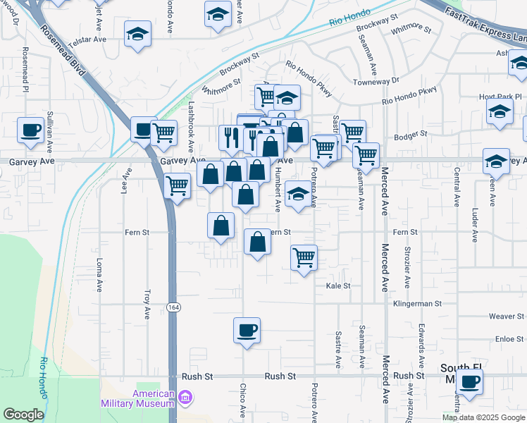map of restaurants, bars, coffee shops, grocery stores, and more near 45 Aria Street in South El Monte