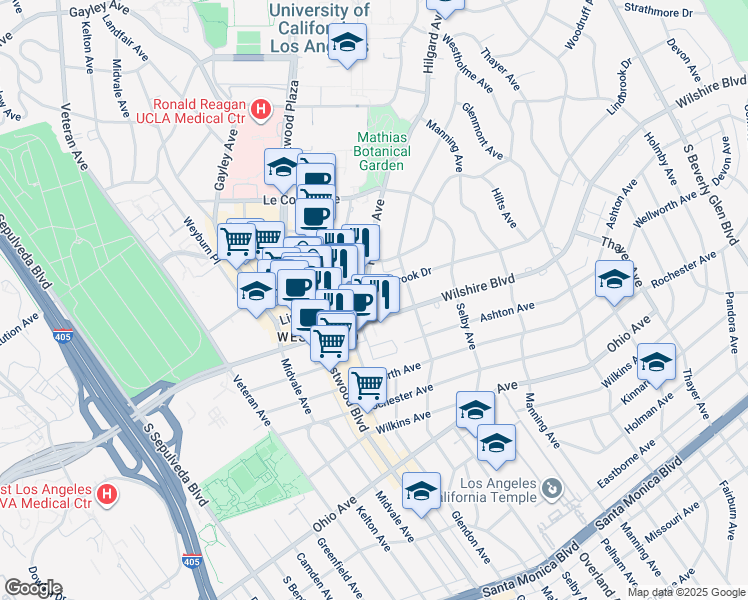 map of restaurants, bars, coffee shops, grocery stores, and more near 10824 Lindbrook Drive in Los Angeles
