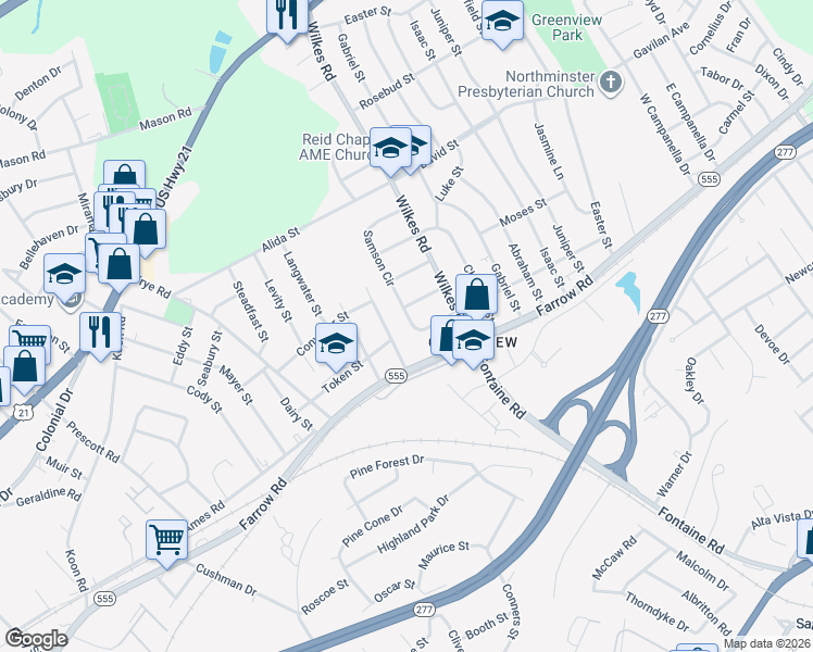 map of restaurants, bars, coffee shops, grocery stores, and more near 41 Samson Circle in Columbia