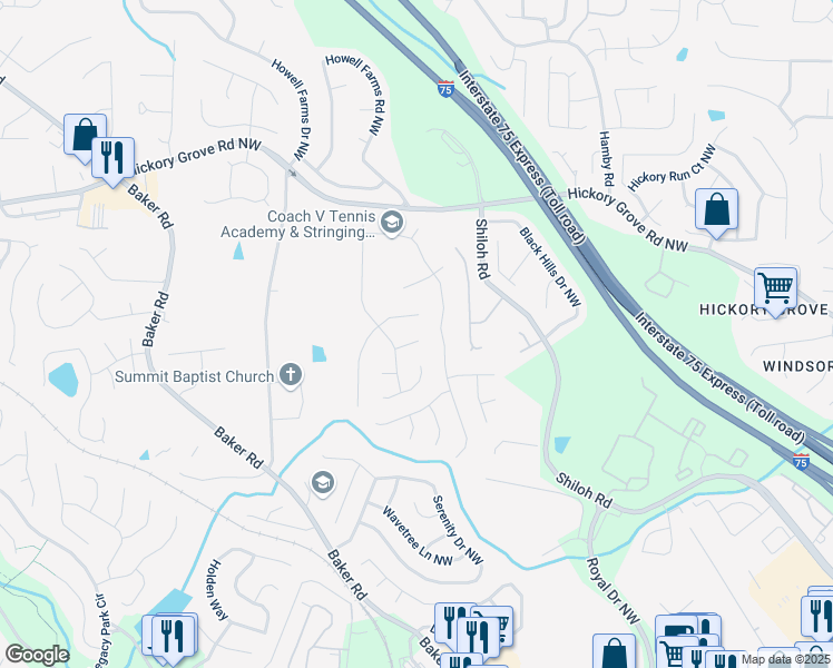 map of restaurants, bars, coffee shops, grocery stores, and more near 2204 Sugar Maple Court Northwest in Acworth