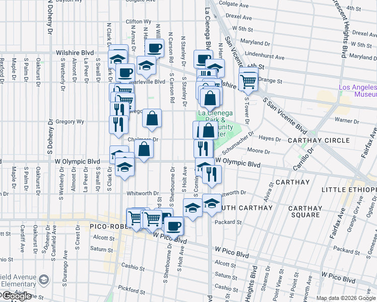 map of restaurants, bars, coffee shops, grocery stores, and more near 922 South Holt Avenue in Los Angeles