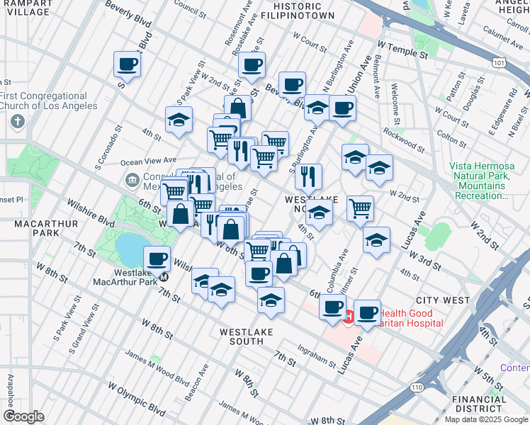 map of restaurants, bars, coffee shops, grocery stores, and more near 415 South Burlington Avenue in Los Angeles