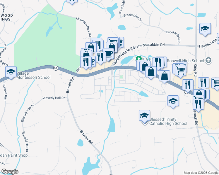 map of restaurants, bars, coffee shops, grocery stores, and more near 6002 Arbor Crest Court in Roswell