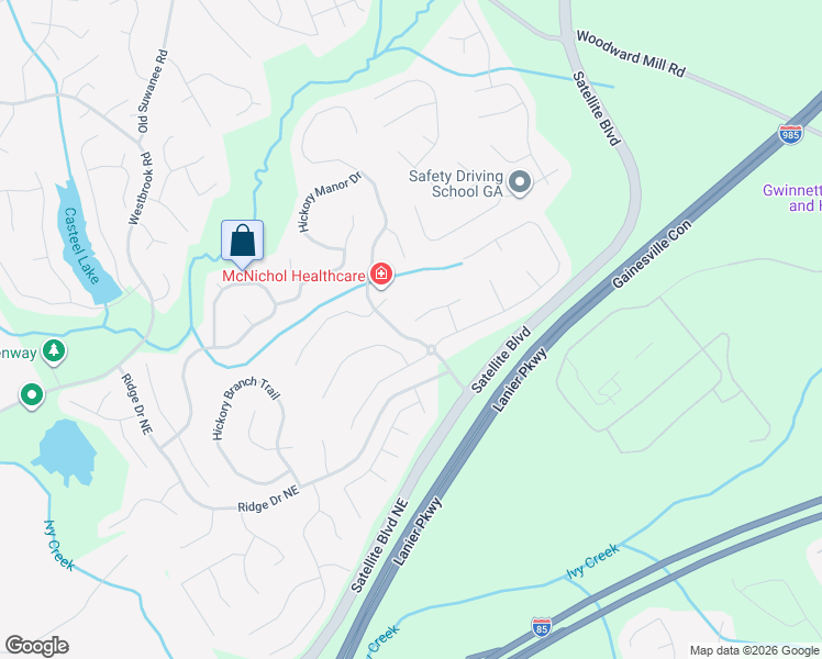 map of restaurants, bars, coffee shops, grocery stores, and more near 601 Montglade Court in Suwanee