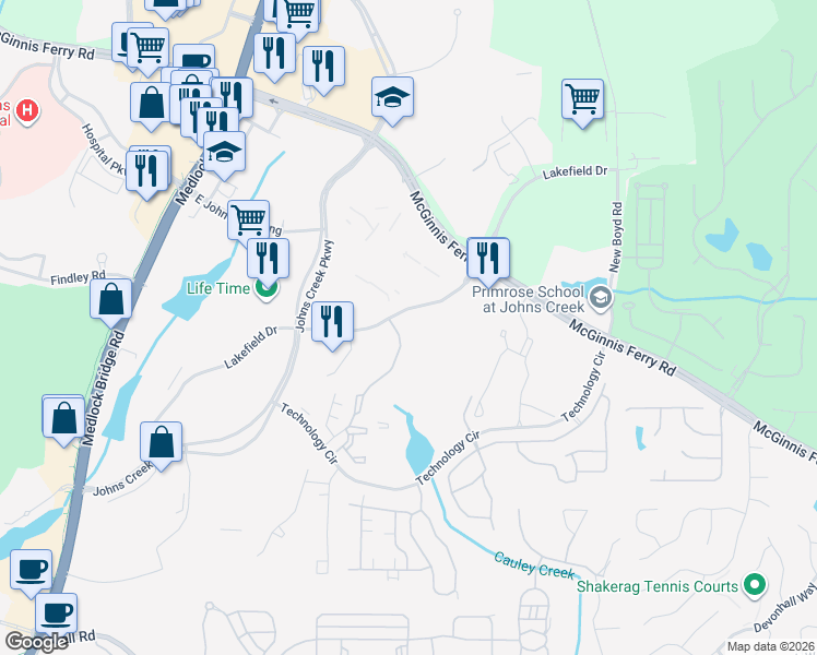 map of restaurants, bars, coffee shops, grocery stores, and more near 11000 Lakefield Place in Johns Creek