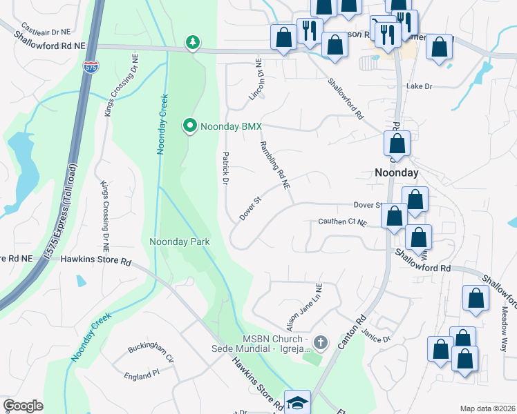 map of restaurants, bars, coffee shops, grocery stores, and more near 625 Dover Street in Marietta