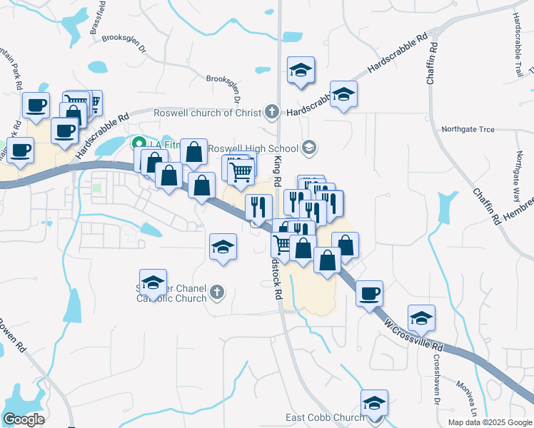 map of restaurants, bars, coffee shops, grocery stores, and more near 855 Woodstock Road in Roswell