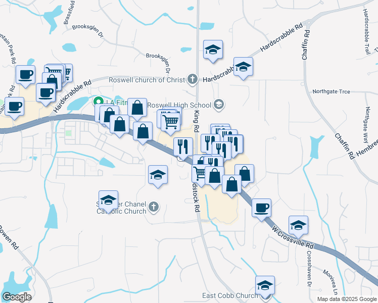 map of restaurants, bars, coffee shops, grocery stores, and more near 855 Woodstock Road in Roswell