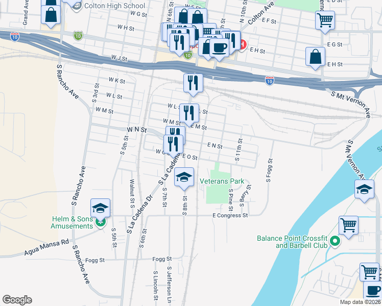 map of restaurants, bars, coffee shops, grocery stores, and more near 494 South La Cadena Drive in Colton