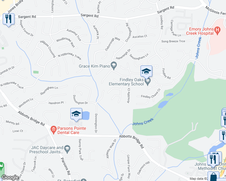 map of restaurants, bars, coffee shops, grocery stores, and more near 340 Treyford Court in Alpharetta
