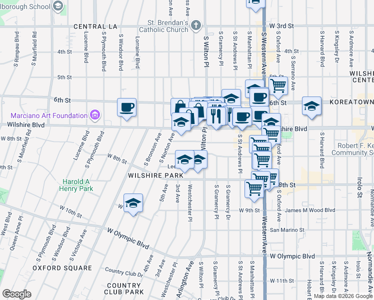 map of restaurants, bars, coffee shops, grocery stores, and more near 4039 West 7th Street in Los Angeles