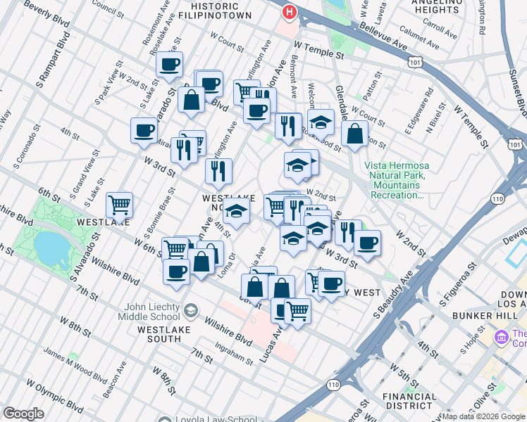 map of restaurants, bars, coffee shops, grocery stores, and more near 234 Loma Drive in Los Angeles