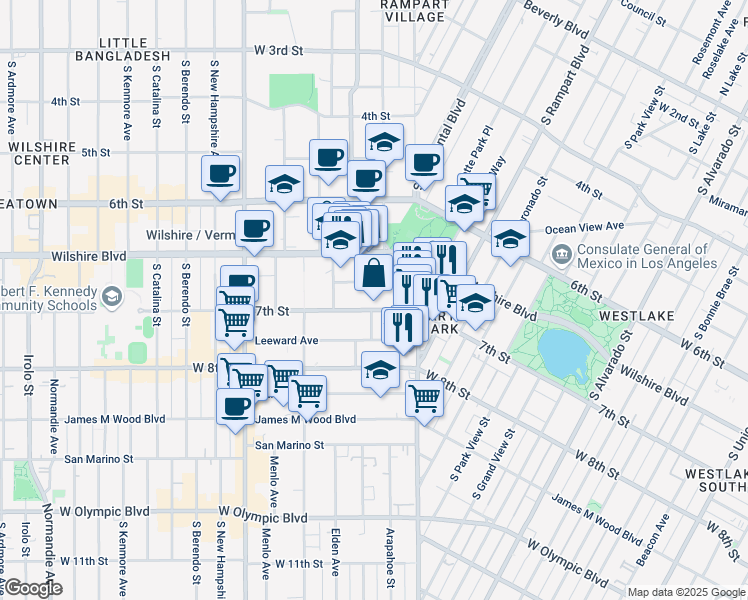 map of restaurants, bars, coffee shops, grocery stores, and more near 2832 Sunset Place in Los Angeles