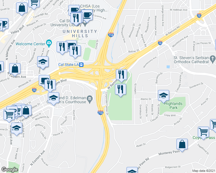 map of restaurants, bars, coffee shops, grocery stores, and more near Ramona Blvd in Los Angeles