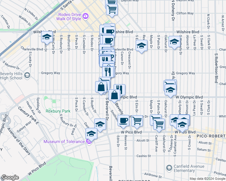map of restaurants, bars, coffee shops, grocery stores, and more near 353 South Reeves Drive in Beverly Hills
